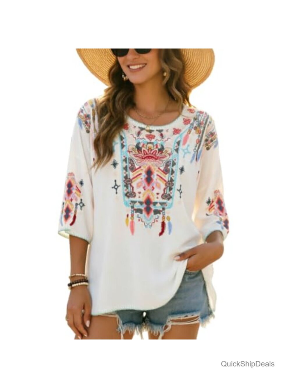 Embroidered Floral Peasant Blouse 3/4 Sleeve Boho Fiesta Top